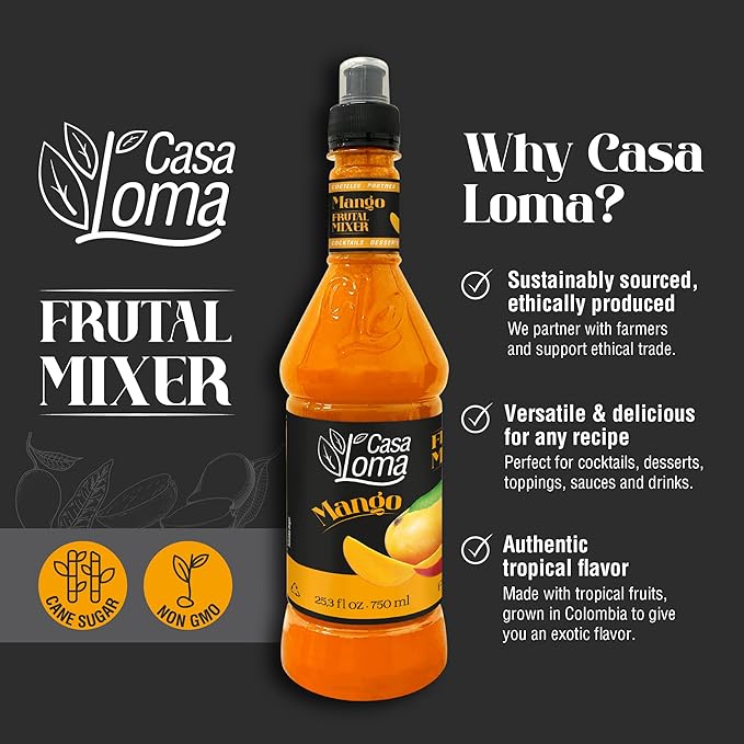 Casa Loma Premium Mango Syrup – 750 ml Authentic Colombian Gourmet Artisan Crafted Syrup Sauce for Beverages, Desserts, Cooking & Mixology, Made with Real Fruit, Vegan, Non-GMO, and Gluten-Free