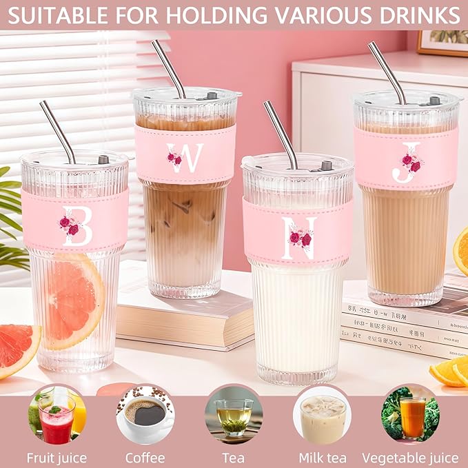 Personalized Gifts for Women,20oz Ribbed Glass Tumbler,Monogrammed Gifts for Women,Birthday Gift,Ice Coffee Mug,Christmas Gift for Mom Sister-N
