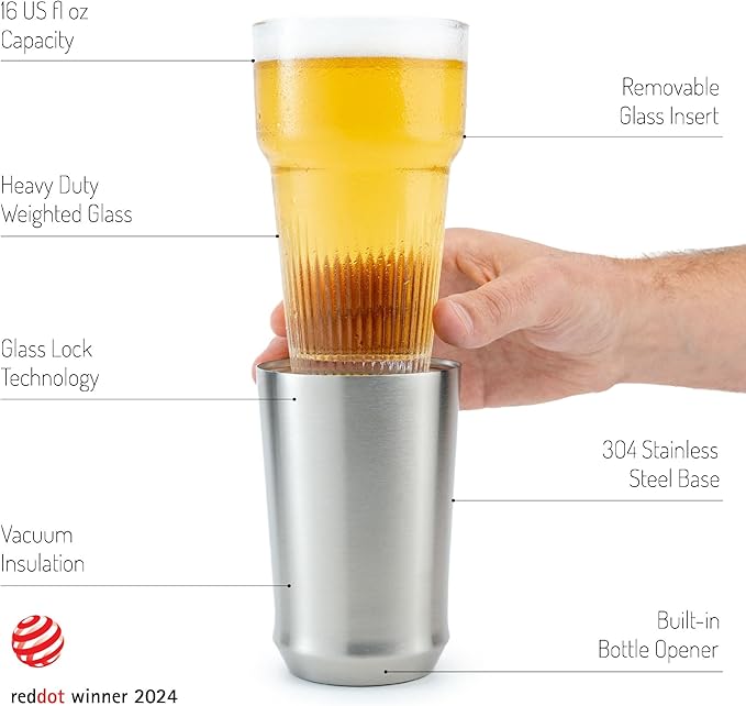 Elevated Craft Hybrid Vacuum Insulated Stainless Steel Base with Removable Pint Glass Insert, Ideal Insulation for Beers & Cold Beverages with Built-in Bottle Opener, Durable & Stylish, Steel (16 oz)