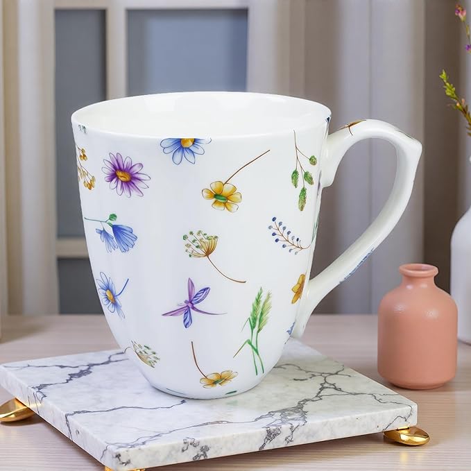 14oz Bone China Coffee Mug Floral Bone Mug Cute Coffee Mug Teacup for Women Mom Friend (flower with grass)