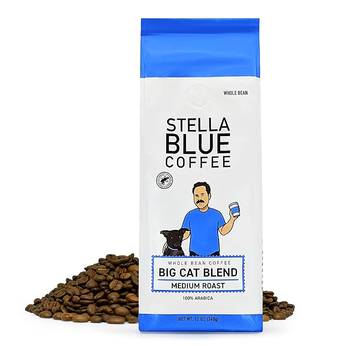 Stella Blue Whole Bean Coffee, Big Cat Blend, Medium Roast Caramel Hazelnut, Fruity Notes 100% Arabica Beans, Ethically Sourced from Central and South America, Smooth Balanced, 12oz Bag