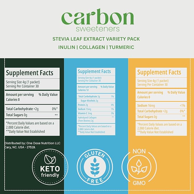 Carbon Sweeteners Variety Pack – Stevia Sweetener Packets with Collagen, Turmeric, and Inulin – Supports Joint, Skin, Immunity & Gut Health – 30 Single Serve Sachets (3 Functional Flavors, 10 Each)