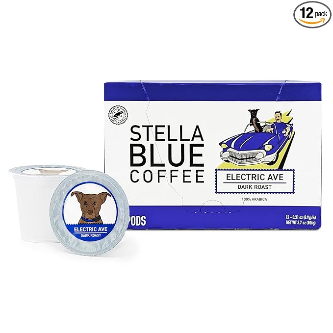 Stella Blue Coffee Pods, Electric Avenue Blend, Dark Roast, Toffee Dark Chocolate, Smoky Notes, 100% Arabica Beans, Ethically Sourced from Central and South America,12 Recyclable K Cup Compatible Pods