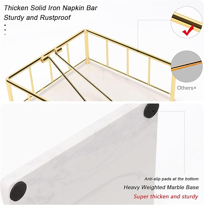 Livabber Flat Napkin Holder, Metal Kitchen Napkin Storage with Weighted Tension Arm Rustic Tissue Paper Dispenser for Countertop, Table Kitchen, Dining Room (With Marble Base, Gold)