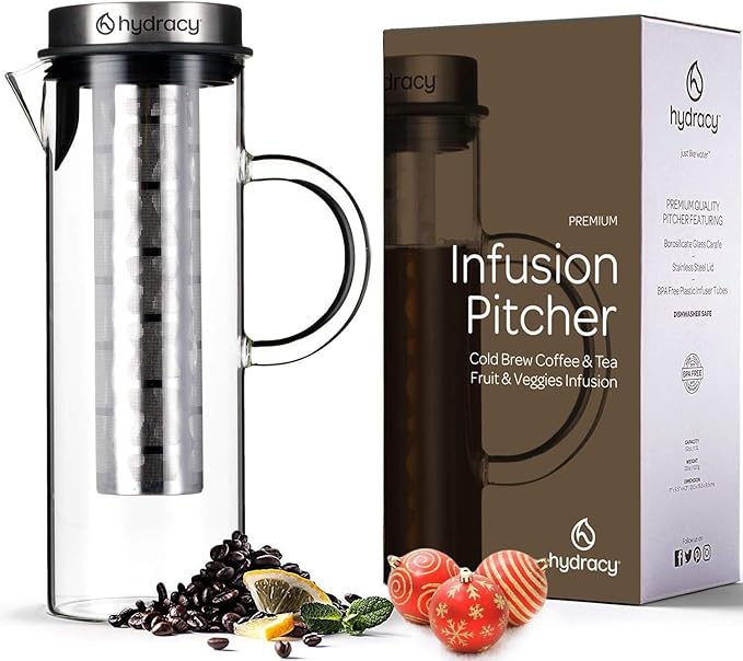 Hydracy Cold Brew Coffee Maker - Large Glass Infusion Pitcher 1.6 Quarts 52oz - Iced Coffee & Iced Tea Pitcher with Stainless Steel Lid & Fruit Infusion Tube - Perfect for Home or Office