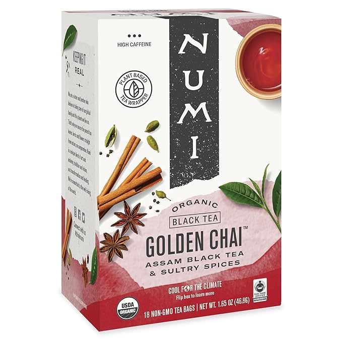 Numi Organic Golden Chai Tea, 18 Tea Bags, Assam Black Tea, Cardamom, Ginger & Anise