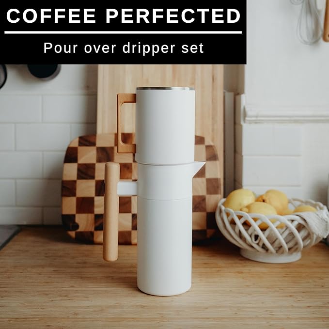 HASTINGS 40 Oz Pour Over Coffee Maker Set with Double Layer Reusable Stainless Steel Filter 8-Cup and Wood Handle - Dual Wall Heat Resistant Drip Coffee Brewer, Pour Over Coffee Dripper Carafe, White