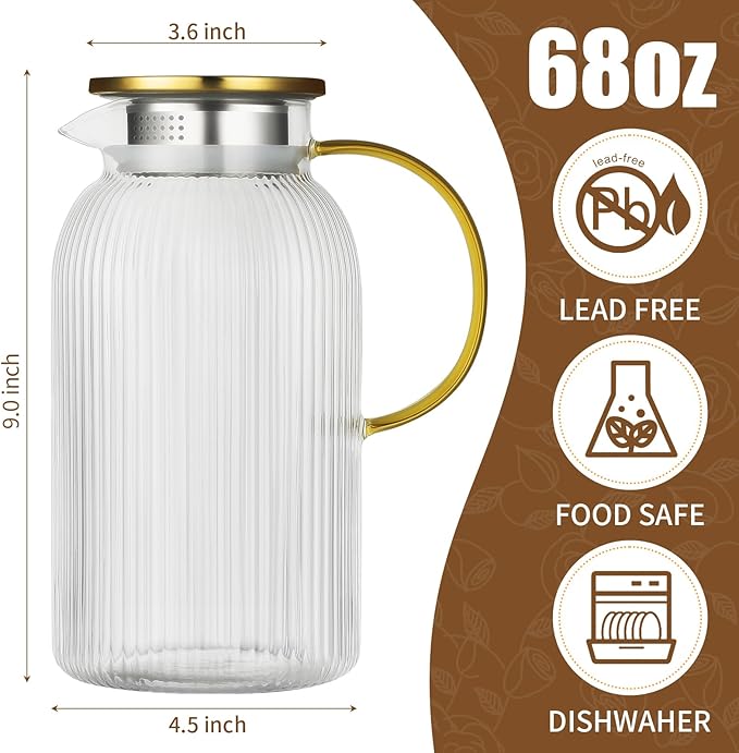 Glass Pitcher with Lid, 2Pcs Elegant Heat Resistant Cold 2 Lite Brew Pitchers for Fridge Hot Cold Water Coffee Milk Lemonade Beverage，Vertical StripesLemonade Beverage