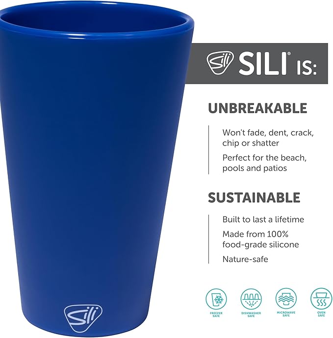 Silipint 16oz Silicone Pint Glass – Unbreakable BPA-Free Reusable Silicone Drinking Cup – Flexible Dishwasher Microwave & Freezer Safe – Stemless Glass for Water Coffee Smoothies (Classic Blue)