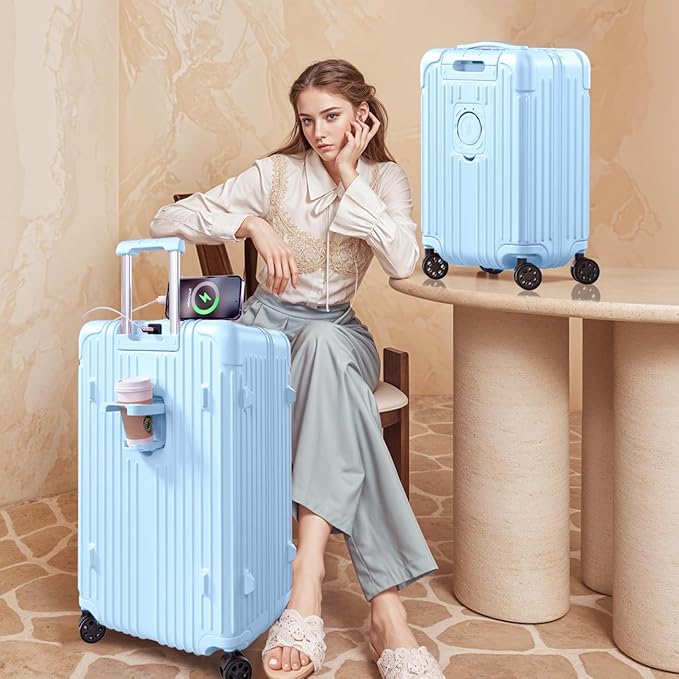Krute Suitcase Sets 20+28 Inch Luggage with Cup Holder PC+ABS Hardside Suitcases with Wheels TSA Approved Charging Port Travel Suitcase