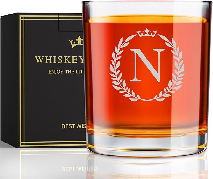 Personalized Whiskey Glasses Gifts for Men, Monogrammed Engraved A-Z 10.6 oz Rocks Glass Customized Gift, Unique Christmas Birthday Gifts for Men Him Dad Husband Brother Son (N)