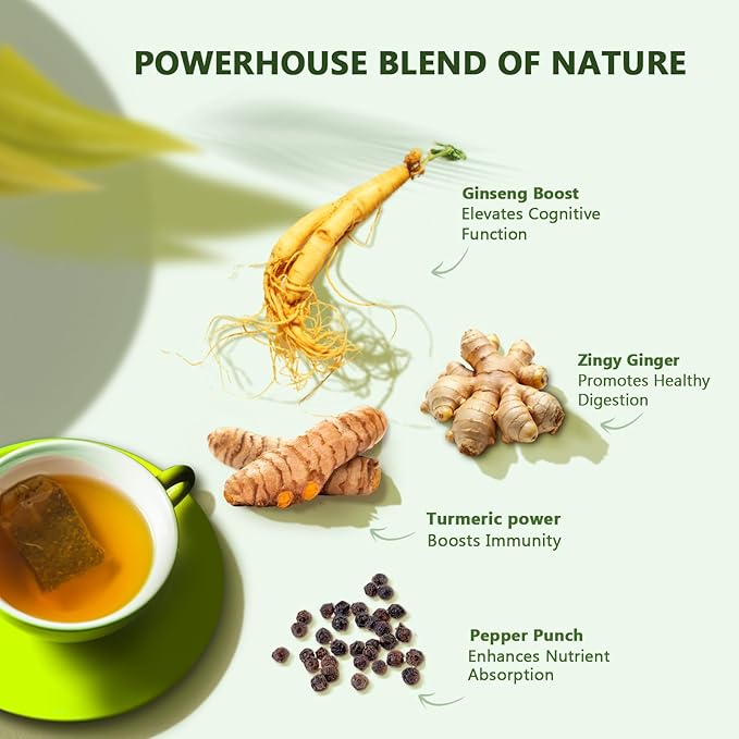 Olinda Turmeric Ginger & Ginseng Organic Herbal Tea 100 Tea Bags Caffeine-Free Brew Hot or Iced Tea Gift for Women & Tea Lovers