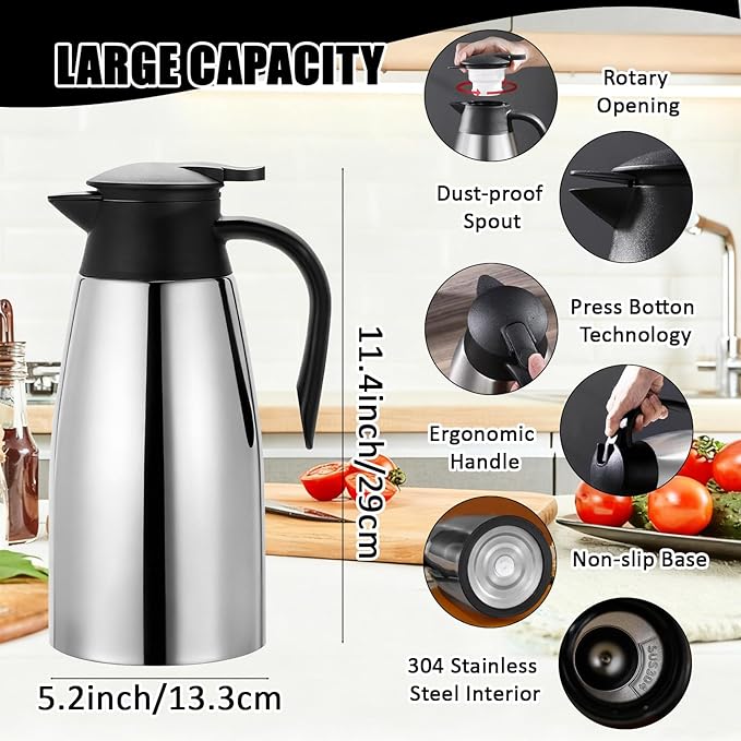 2 PCS 68 OZ Thermal Coffee Carafe Stainless Steel Creamer Pitcher Double Walled Vacuum Insulated Pitcher Thermal Hot Pot Flask with Brushes for Keeping Hot Coffee Tea