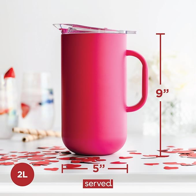 Served Premium Insulated Pitcher (2L/66oz) - Double Walled, Copper Lined Stainless Steel Pitcher with Lid - Vacuum Insulated Carafe for Hot Coffee, Tea, Iced Drinks, Water, Cocktails, and More