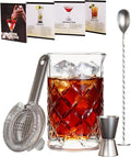 Professional 24 Oz Cocktail Mixing Glass Set - Thick Bottom Crystal Clear Bar Tools with Strainer, Jigger (15/30ml), Spoon & Recipe Guide