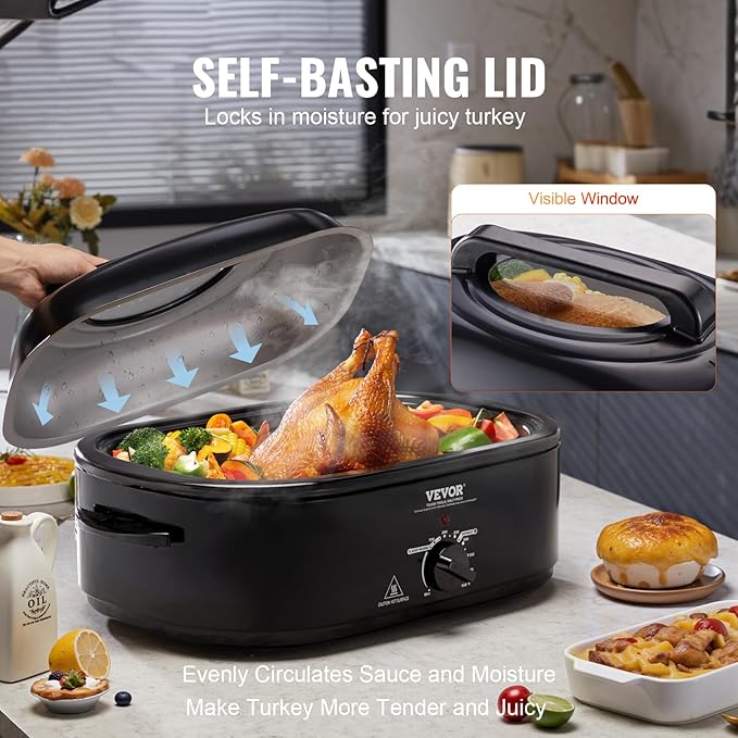 VEVOR Electric Roaster Oven with Defrost & Warm Function, 24 QT Turkey Roaster Oven with Self-Basting Lid, 1450W, Adjustable Temp, Removable Pan & Rack, Fits Turkeys Up to 28LBS, Black