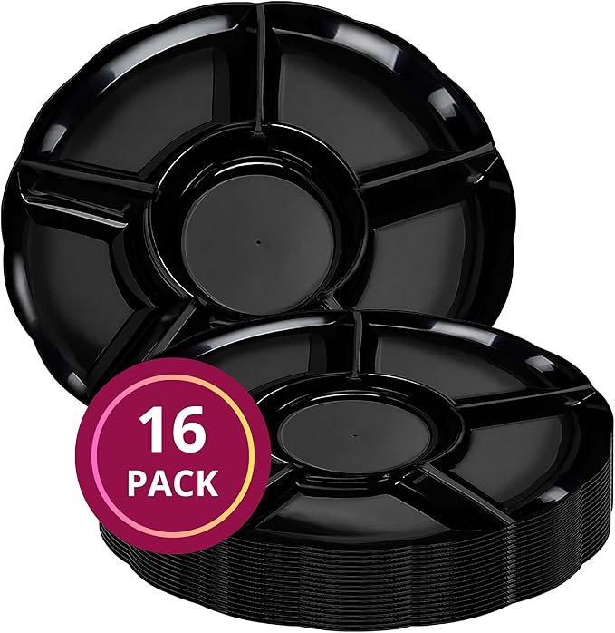 Elegant 14" Black 6-Section Round Disposable Plastic Trays for Serving Fruit, Ice Cream and More - 16 Pcs Serving Trays Ideal for Parties, Weddings, Baby Showers and Decorations