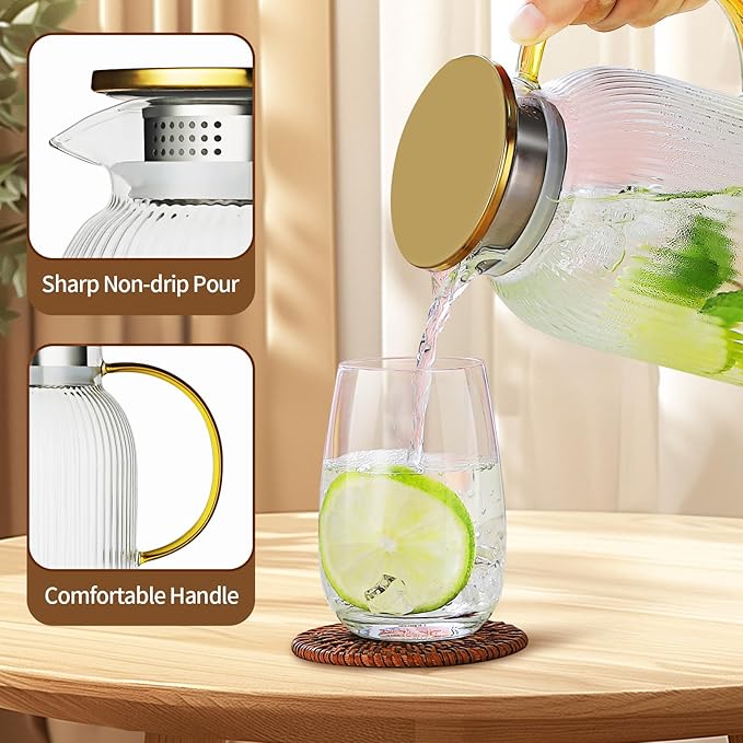 Glass Pitcher with Lid, 2Pcs Elegant Heat Resistant Cold 2 Lite Brew Pitchers for Fridge Hot Cold Water Coffee Milk Lemonade Beverage，Vertical StripesLemonade Beverage