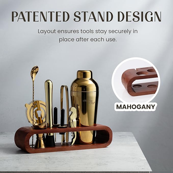 Mixology & Craft Bartender Kit: 10-Piece Cocktail Shaker Set with Dark Bamboo Stand | Complete at Home Bar Set with Bar Accessories | Great Housewarming Gift | Leak-Proof Design (Gold)