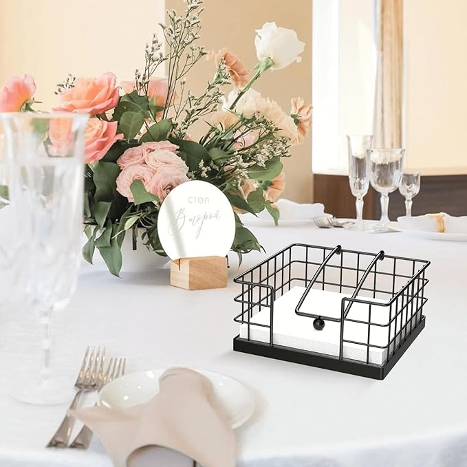 Homode Farmhouse Napkin Holder, Wooden Napkin Holders for Paper Napkins, Square Kitchen Napkin Dispenser for Tables, Flat Napkin Basket with Weighted Arm, Rustic Gray