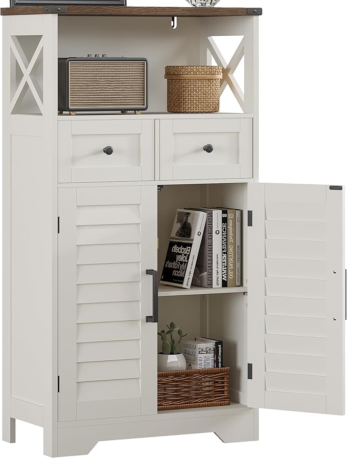 ChooChoo Farmhouse Storage Cabinet, Bathroom Floor Cabinet with Doors and Drawers, Kitchen Pantry Cabinet for Living Room, Laundry, White