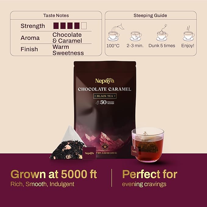 Chocolate Caramel Black Tea Bags, Dessert Inspired Blend with Caramel, Strawberry, Marshmallow & Cocoa – 50 Biodegradable Pyramid Bags, Individually Wrapped Black Tea with Strawberry Flavor