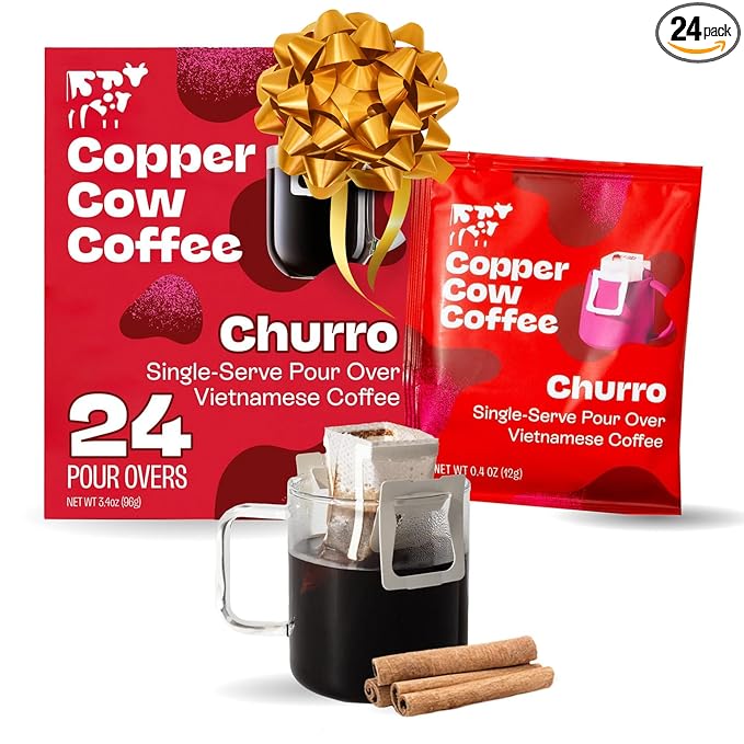 Copper Cow Coffee Premium Pour Over Single-Serve Vietnamese Coffee Pouches (24 pack) | Churro | Dark Roast | Flavored with Real Cinnamon | Convenient Vietnamese Ground Coffee Packets, Travel Friendly