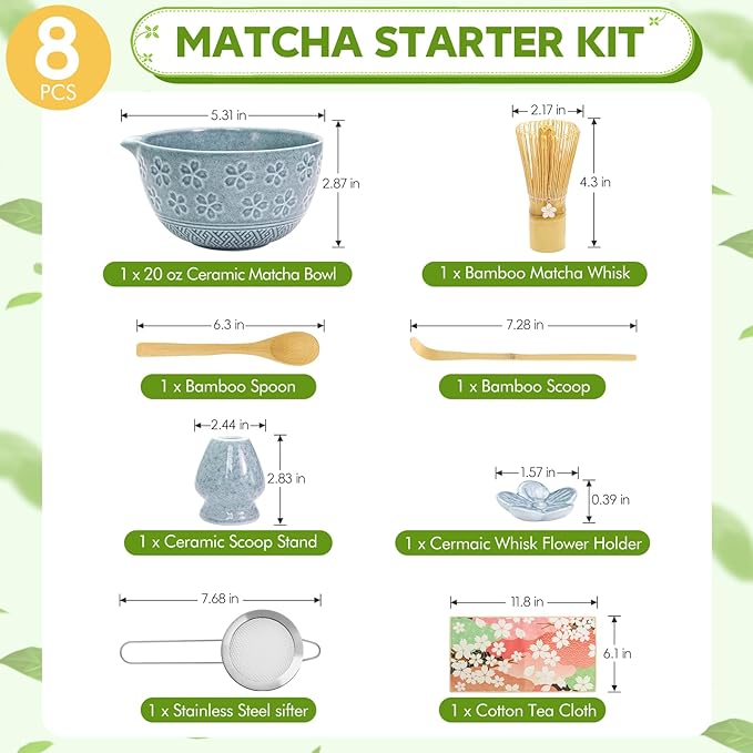 8 PCS Matcha Whisk Set, Japanese Tea Set includes Matcha Bowl Tea Making Tools Kit Ceramic Whisk Holder Stand, Sifter, Scoop Japanese Tea Tools For Ceremony Gift-Blue