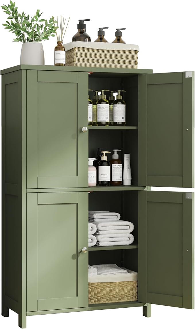 Nuturelly Bathroom Floor Storage Cabinet, Freestanding Pantry Cabinets with 4 Doors & 3 Adjustable Heights, Bathroom Organizers and Storage with Top Board & Metal Handles for Kitchen, Pale Green