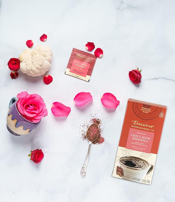 Teeccino Lion’s Mane Rhodiola Tea - Rose - Caffeine-Free Mushroom Adaptogenic Herbal Tea, 3x More Herbs than Regular Tea Bags, Lightly Sweet from Dates & Figs, Chicory Prebiotic - 25 Tea Bags (Pack of 3)