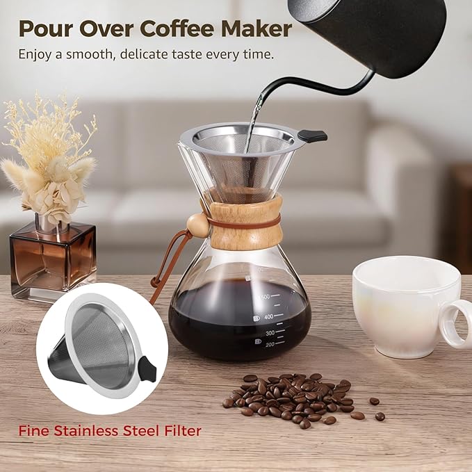 OMISTAR Pour Over Coffee Maker, 20 oz Borosilicate Glass Coffee Pot with Stainless Steel Filter & Wood Collar, Heat Resistant Carafe for Home, Office, Camping, Hiking