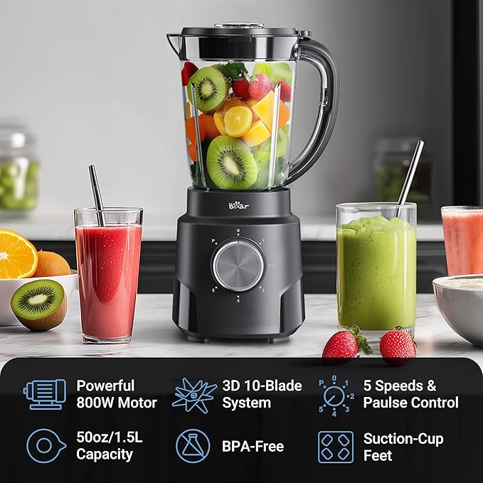 Bear 800W 6-Speed Blender, Smoothie Blender for Kitchen with 50oz(1.5L) BPA-Free Cup/Suction Feet/Feeding Hole/10 blades, Countertop Blender for Smoothies, Crush Ice, Frozen Fruit, Juice and Puree