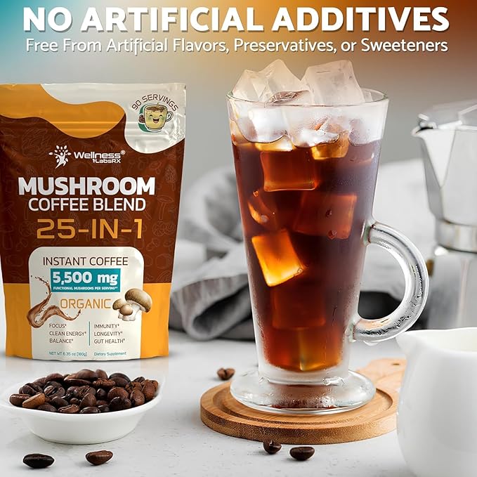 Mushroom Coffee Organic Instant Coffee, 25-in-1, Third-Party Tested Keto Friendly Lions Mane Supplement with Functional Mushrooms – Shiitake, Reishi, Lion’s Mane & More | Smooth, Rich Flavor - 90 Servings (Pack of 2)