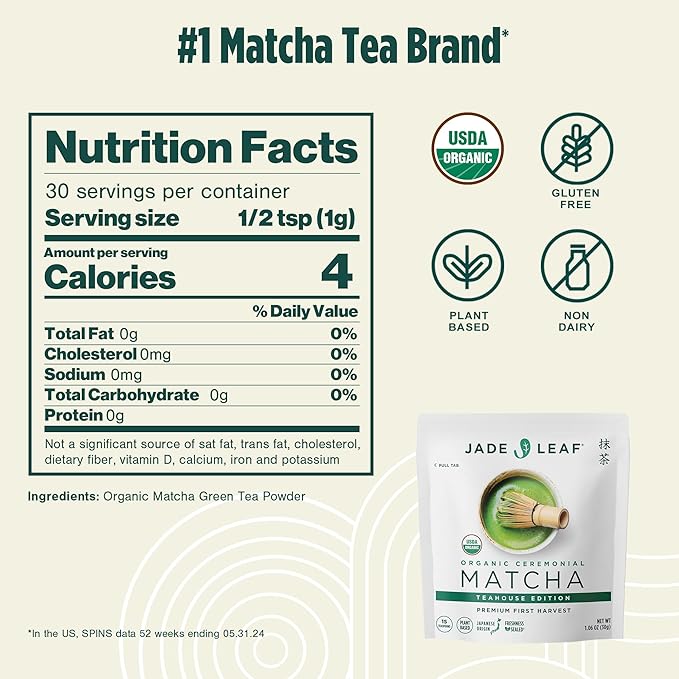 Jade Leaf Matcha Organic Premium Ceremonial Grade Matcha Green Tea Powder - Japanese - Culinary, Ingredient, Ceremonial Barista Teahouse, Latte, Collagen, 1.06 Ounce (Pack of 1), Ceremonial Teahouse