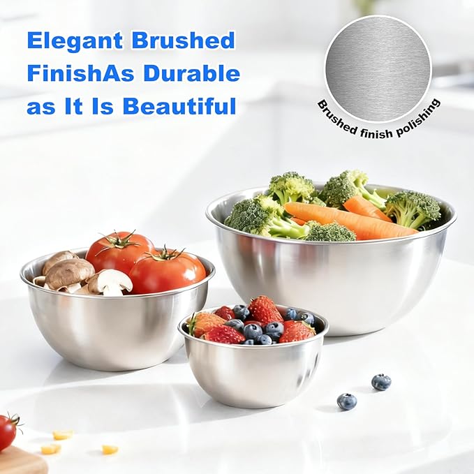 3-Piece Stainless Steel Mixing Bowls Set, 2.4, 3.2 & 4.9 Qt with Measurement Marks, Food Grade 304, Dishwasher Safe & Stackable for Baking, Tossing Salads, and Meal Prep for Your Kitchen