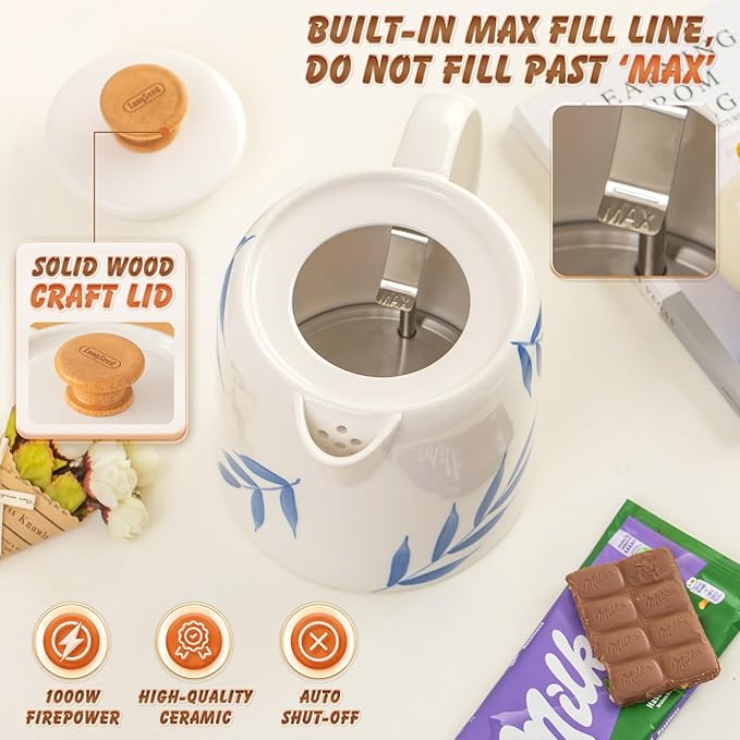 1.0-Liter Ceramic Electric Kettle, 1000W Rapid Boil, Tea Kettles Pot & Hot Water Boiler For Coffee & Tea, Teapot Auto Shut-Off, Boil-Dry Protection