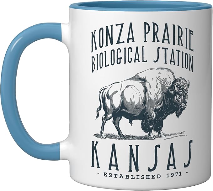 KONZA PRAIRIE, KANSAS. BISON DESIGN Ceramic Mug, Blue/White