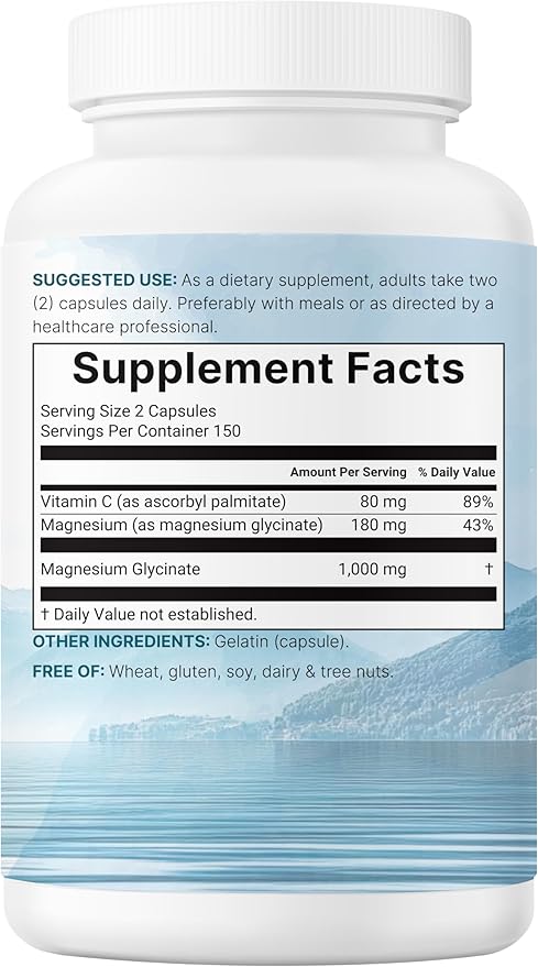 Pure Magnesium Glycinate 1,000mg, 300 Capsules | 100% Chelated for Max Absorption | Support for Sleep, Muscle, Heart & Nerve Health* | Enhanced with Vitamin C | Only Uses Active Ingredients