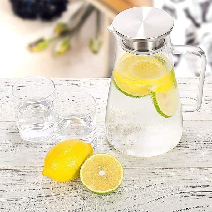 Borosilicate Glass Pitcher with Lid, 1.8L / 60 oz Heat Resistant Glass Water Carafe with Handle for Fridge, Large Iced Tea Pitcher, Juice Jug for Milk, Hot and Cold Beverage
