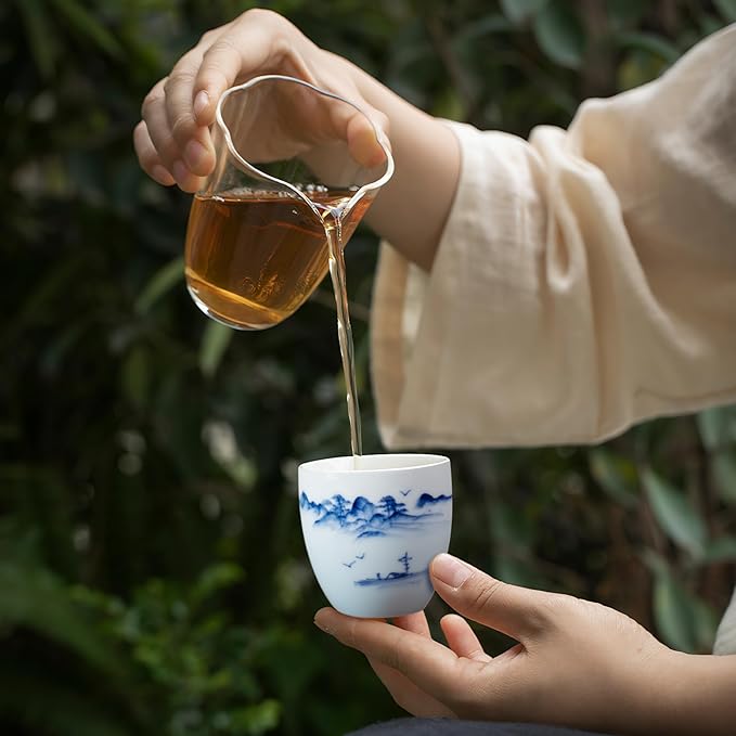 KAMMAK Tea Cup, 4oz Small Tea Cups Set of 2, White Porcelain Tea Cup Set for Home, Party, Office, Ceramic Teacups, Chinese Kungfu Tea Set for Hot/Cold Drink (Gradient Landscape)