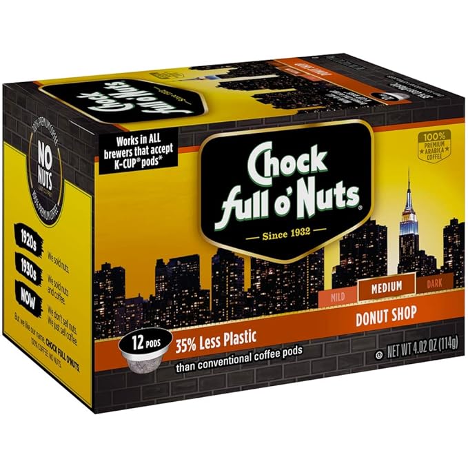 Chock Full o’Nuts Donut Shop, Medium Roast K-Cups – Compatible with Keurig Pods K-Cup Brewers (4 Packs of 12 Single-Serve Cups)