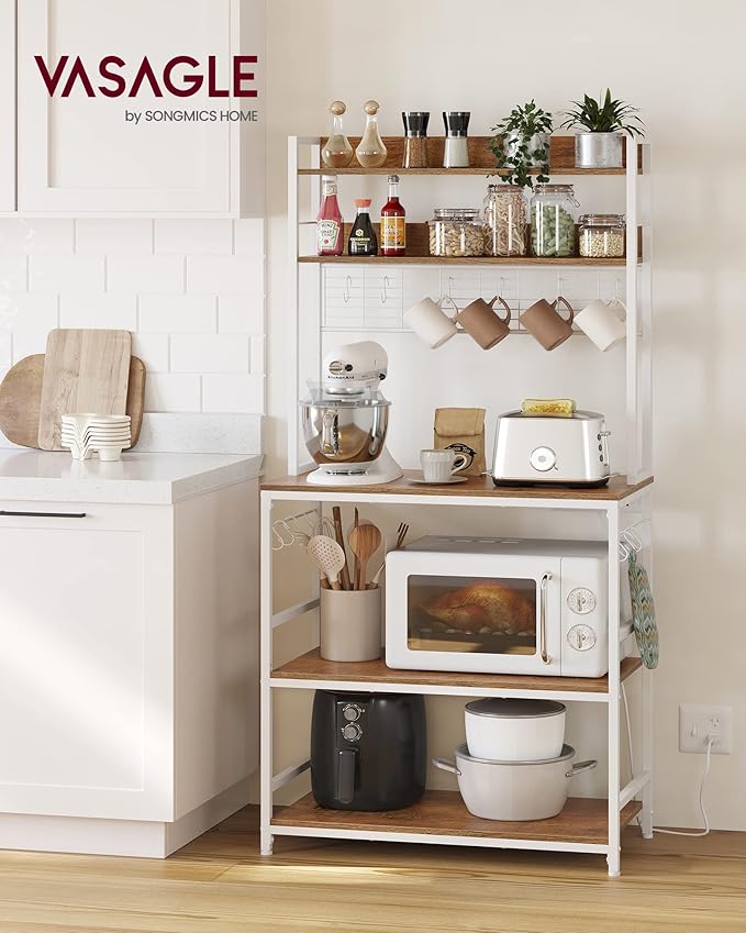 VASAGLE Bakers Rack with Power Outlet, Microwave Stand, Kitchen Tall Utility Storage Shelf, with Metal Wire Panel, 14 Hooks, 15.7 x 31.5 x 66.9 Inches, Rustic Walnut and Cloud White UKKS025W41