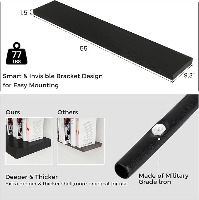 Floating Shelves for Wall, Engineered Wood Wall Shelves with Invisible Brackets for Living Room Bedroom Bathroom Office Kitchen Decor and Storage (Black, 55" W x 9" D x 1.5" H) Set of 1