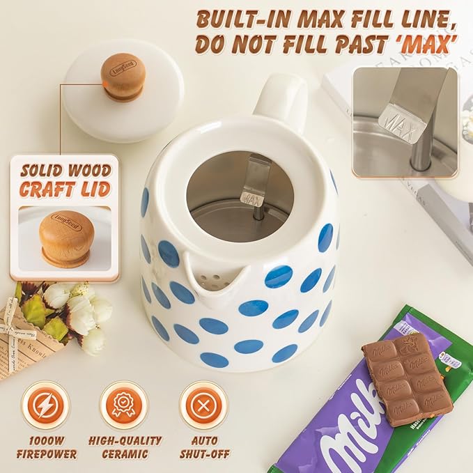 1.0-Liter Ceramic Electric Kettle, 1000W Rapid Boil, Tea Kettles Pot & Hot Water Boiler For Coffee & Tea, Teapot Auto Shut-Off, Boil-Dry Protection