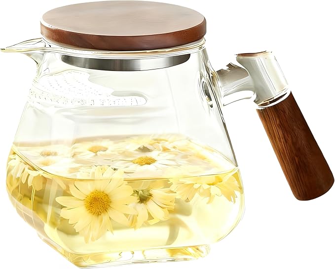 Induction Safe Glass Teapot with Wooden Handle, 700ml Heat-Resistant Borosilicate Glass, Dishwasher Safe, For Loose Leaf, Herbal & Blooming Tea, BPA & Lead-Free, Easy to Clean