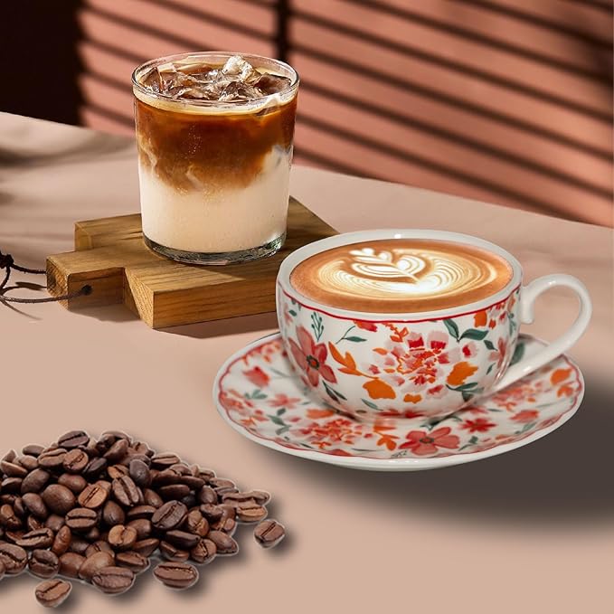 Cups and Saucers Coffee Tea Cups Set of 2 (7.4 oz/ 220ml) Ceramic Cup Espresso Mug Floral Porcelain Vintage Flower Pattern for Gifts, Gatherings, Receptions,Breakfast, Home