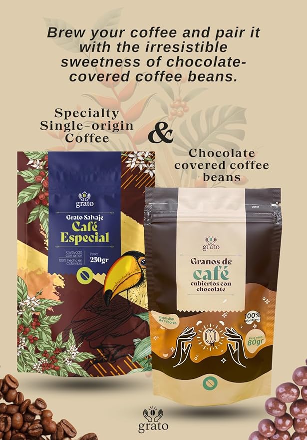 Grato Specialty Coffee Kit – Ground (250g) + Chocolate-Covered Beans (80g) | Premium Colombian Coffee & Gourmet Snack