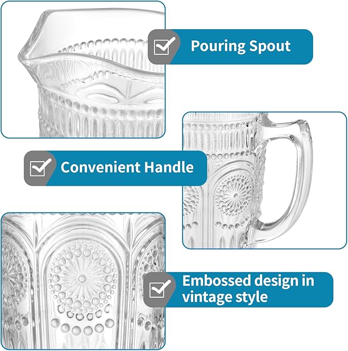 MDLUU Vintage Glass Pitcher, Glass Carafe, Bar Mixing Pitcher Glassware, Water Carafe Jug for Beverage, Cocktail, Juice, Milk, Ice Tea, 50 Oz
