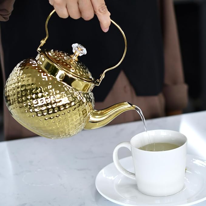 2L Hammered Tea Kettle, Stainless Steel Tea/Coffee Pot Loose Leaf Teapot for Tea, Milk, Coffee, 2L Teapot with Strainer Stovetop Tea Kettle, Outdoor Travel Supplies, Gift For Tea (Gold 2L)