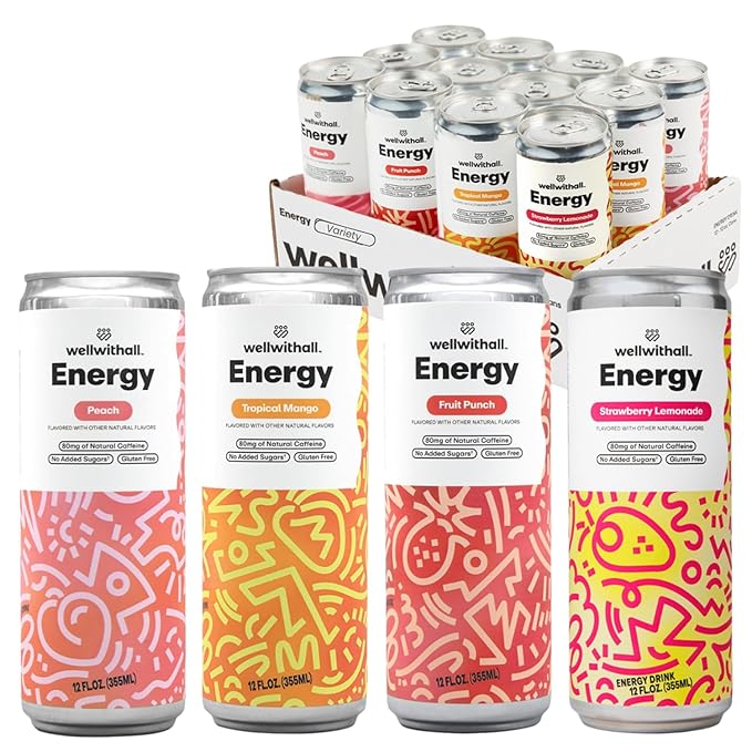 WellWithAll Energy Drink Variety Pack – Strawberry Lemonade, Fruit Punch, Tropical Mango, and Peach Flavors – Caffeine from Tea – With Vitamin C – Lightly Sparkling Beverage – Fruit & Veggie Juice Blend – 12 Oz (Pack of 12 – 3 Cans of Each Flavor)